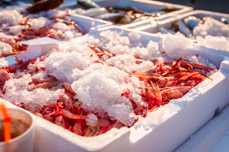 Pile of fresh red shrimps for sale on the seafood market, seafood on ice.の写真素材