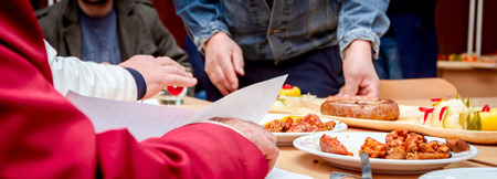 Judges will assess best sausages with fresh vegetables that are exposed on traditional sausage tournament.の写真素材