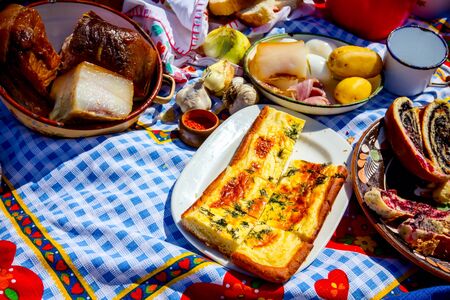 Traditional meal, breakfast in open at the time of harvest.の写真素材