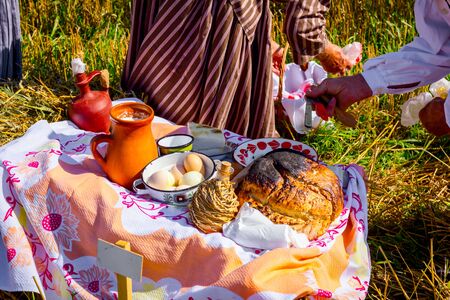 Traditional meal, breakfast in open at the time of harvest.の写真素材