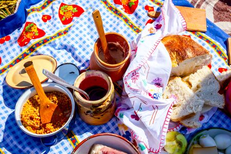 Traditional meal, breakfast in open at the time of harvest.の写真素材