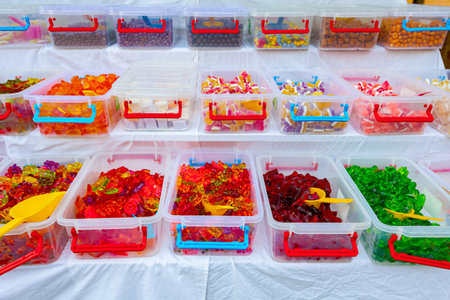 Various colored candies and sweets for sale placed in trays, available at flea market.の写真素材