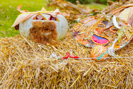 Colorful carved pumpkins with funny decorations of various plants and corn silk are exposed on the bale of hay for Halloween.の写真素材