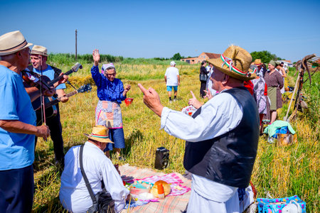 Muzlja, Vojvodina, Serbia, - July 06, 2019; Musicians are play music before start reaping wheat manually in a traditional rural way. Traditionally wheat harvest.のeditorial素材