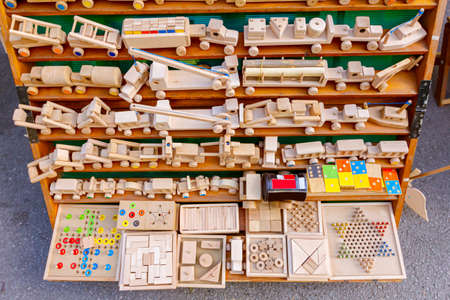 Children's eco handmade vintage wooden toys logical, educational and various models of train, truck, car, vehicle.の写真素材