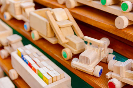 Children's eco handmade vintage wooden toys various models of train, truck, car, vehicle.