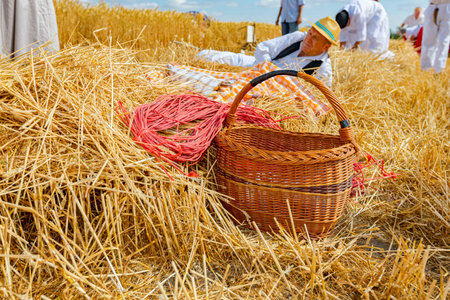 Empty wicker basket and rope on the grass after serving breakfast, people are preparing for harvest.のeditorial素材