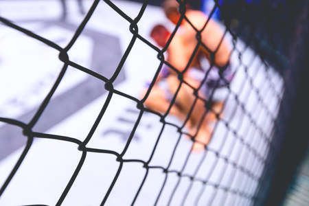 Two strong muscular professional MMA fighters fighting, they are in clinch, wrestling in parterre on...