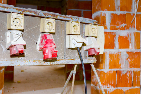Distribution panel with Industrial multiphase power plugs and sockets are providing electrical energy to construction site.の写真素材