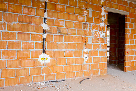 Exposed electrical sockets with the top covers removed for installation of the wiring on the wall with blocks of building under construction.の写真素材