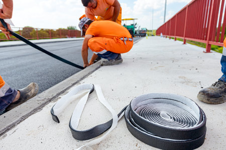 Reel of waterproofing material designed to resist and prevent water from passing through the joint placed on the pavement. The worker attaches a bitumen black tape to protect the roadside from waterの写真素材