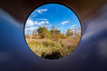 Perspective view trough concrete pipe, with shine durable ceramic glaze and large diameter for...