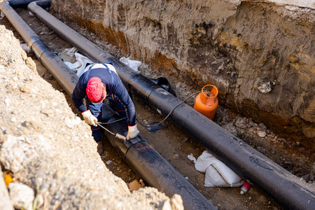Rigger is gluing sheet of thermal protection on isolated pipeline using gas blowpipe torch heating to melting over joint of two welded isolated pipes.の写真素材