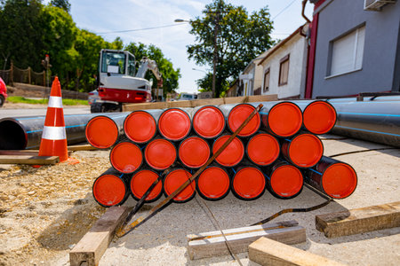 Several orange traffic cones are symbols of caution next to package of new plastic water pipes stacked on the street, ready to be placed in trench at building site.の写真素材