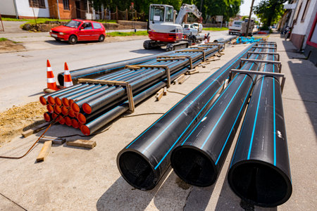 Few new plastic water pipes are stacked on the street, ready to be placed in trench at building site.の写真素材