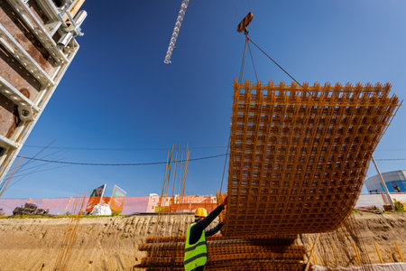 Worker with safety helmet helping crane from the ground, keep balance and direction, as carry pile...