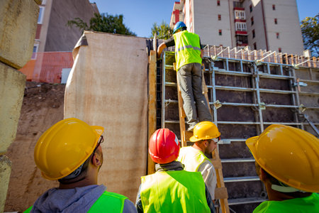 View from behind on team of construction workers with safety vest and yellow helmets as they manually assembly tall wooden demountable big mold. One of them has climbed on ladders.の写真素材