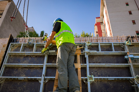 View from behind on construction worker with safety vest and yellow helmet as standing on wooden...