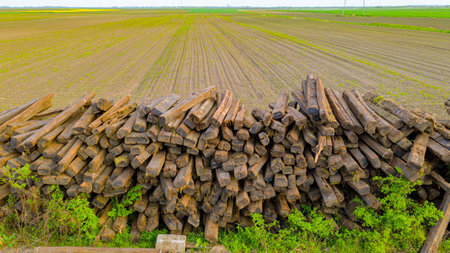 Dismantled old sleepers, from removed railway, stacked in large pile, ready for transportation.の写真素材