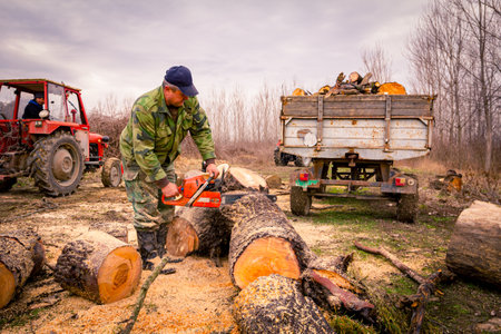 Lumberjack is chopping, split large tree trunks, using professional chainsaw slicing freshly cut...