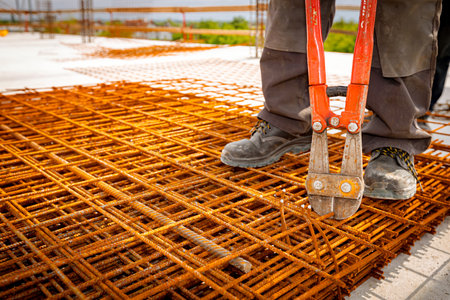 Worker is standing on pile of rusty rectangle steel, reinforcement for concrete as cutting reinforcement grid, mesh with bolt cutters at building site.の写真素材