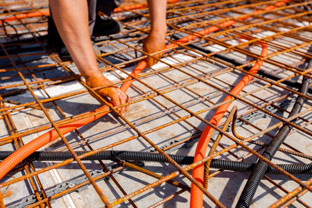 Worker's hands as he assembly protective ribbed plastic hoses, for cables, placing and connect them...