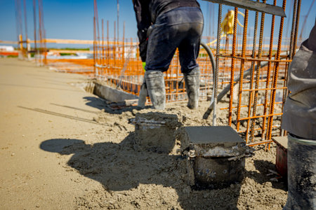 Cube mold full with concrete, sample for the tensile or flexural testing and compressive strength...
