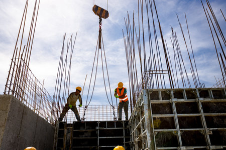 Tower crane helps construction workers, with safety vest and helmets, to assembly tall wooden...
