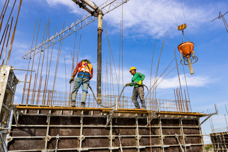 Construction worker use pump tube to pouring concrete in mold for building pillars with reinforcing steel. Mason is using power tool, compactor, vibrator to compact fresh liquid concrete.の写真素材