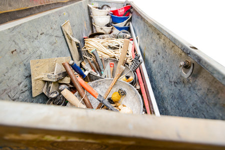 Steel crate, container, toolbox overfull of many different tools were placed in the truck trailer on...