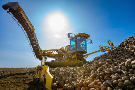 View on agricultural machine, beet loader for transferring freshly harvested mature sugar beet...