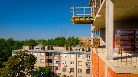 Above view on handmade wooden supply platform made of strong wooden planks as a part of scaffold...