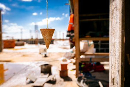 Vertical rusty metal plumb, plummet or plum bob, at building site is hanging on a thin rope, instrument for measuring in masonry and constructions.の写真素材
