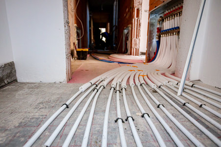 New brass distribution system manifold valves are mounted for central heating floor in a residential building under construction.の写真素材