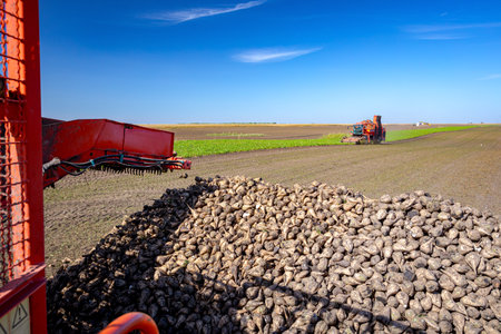 View on agricultural machines, harvesters, one is cutting and harvesting mature sugar beet roots second is unloading harvested cargo over conveyor to the ground in pile, farm field, teamwork.の写真素材