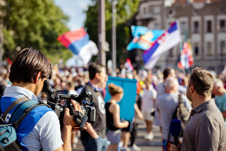 Professional video production, press concept of modern live broadcast, recording with digital camera...