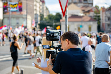 Professional video production, press concept of modern live broadcast, recording with digital camera...