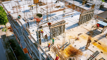 Above view on construction workers as unloading conical metal bucket, transport and deliver cement mixture high, pouring concrete into tall vertical mold for building's pillars, use crane as he carry cone tank.の写真素材