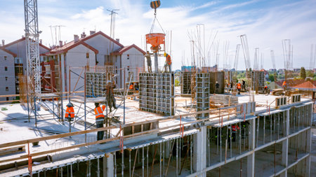 Above view on construction workers as unloading conical metal bucket, transport and deliver cement...