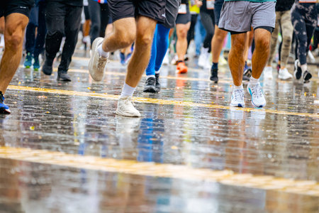 Low view on legs and feet, large group of runners, athletes are running street marathon competition,...