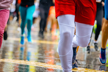 Low view on legs and feet, large group of runners, athletes are running street marathon competition, crowd of people   race at rainy day.の写真素材