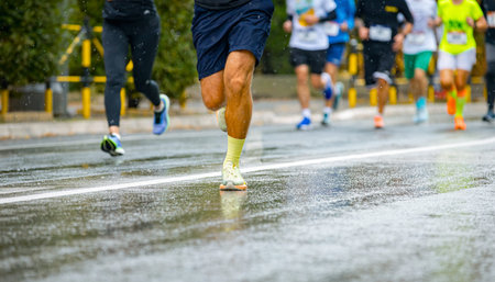 Low view on legs and feet, large group of runners, athletes are running street marathon competition,...