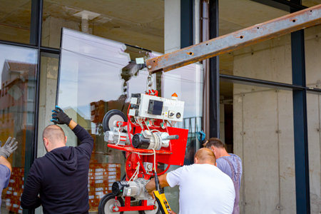 Team of construction workers are installing double glazing using crane and attached glass lifter...