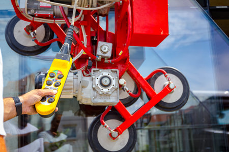 Telescopic crane and attached glass lifter machine with multiple system, several vacuum suction cups, holding heavy thermo dual pane. Professional maneuvering large glass sheets with vacuum lifterの写真素材