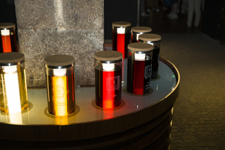 Museum of port wine in Porto. Vessels with port of various excerpts.の写真素材