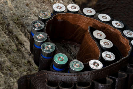 Leather hunting bandolier with 12-gauge cartridges. Selective focus.の写真素材