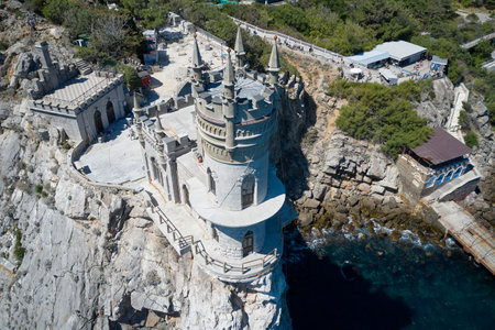 Aerial view of the snow-white castle swallow's nest, built in the Gothic style.のeditorial素材