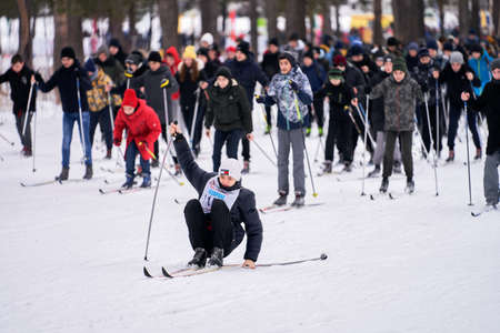 Russia, Naberezhnye Chelny, February 13, 2020: mass urban ski race. Many students went to the ski track on the weekend. Selective focus.のeditorial素材