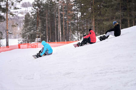 Three snowboarders sit on a snow-covered slope against a background of pine trees.の写真素材