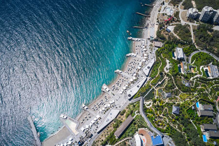Multi-level equipped beach of the sanatorium and resort complex in the Crimea. Shooting from a drone.のeditorial素材